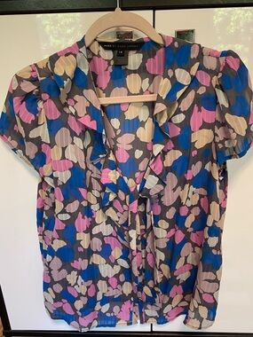 Marc by Marc Jacobs Blue Pink silk Floral Tie-Neck Ruffle Blouse